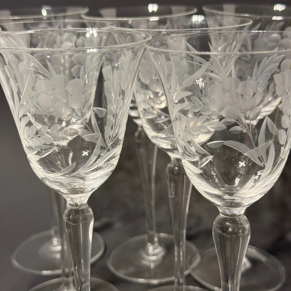 Vintage Etched Crystal Cordial Sherry Glasses Floral Leaf Long Stem Set of 8
